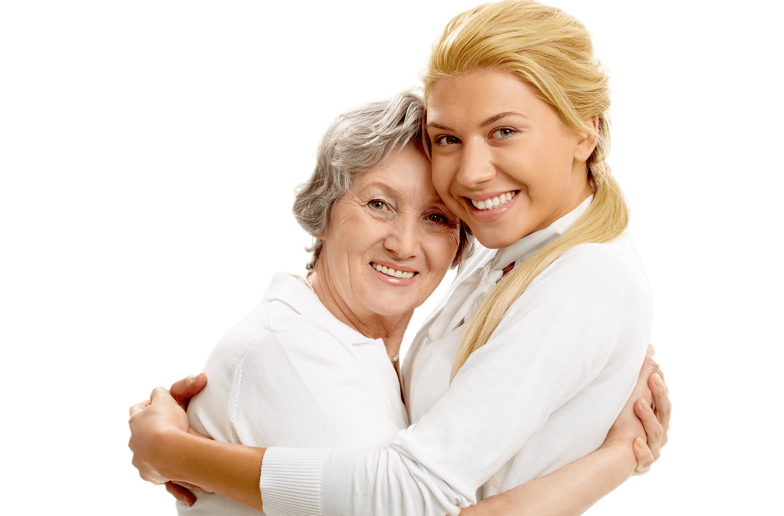 Daughter smiling and hugging with her older mother