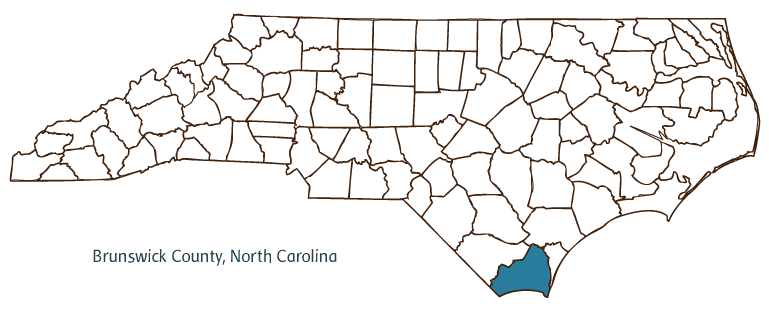 Map of North Carolina highlighting Brunswick County