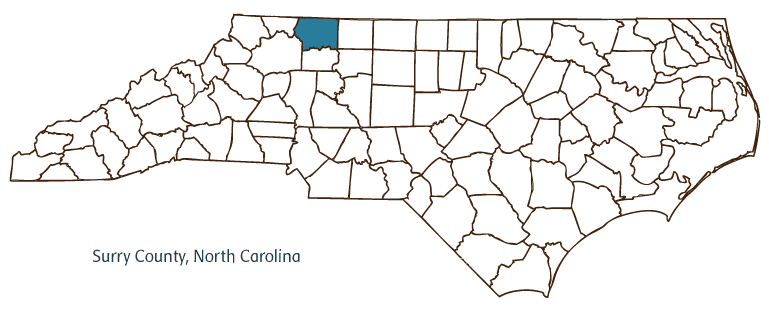 Map of North Carolina highlighting Surry County