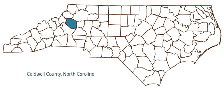 Map of North Carolina highlighting Caldwell County