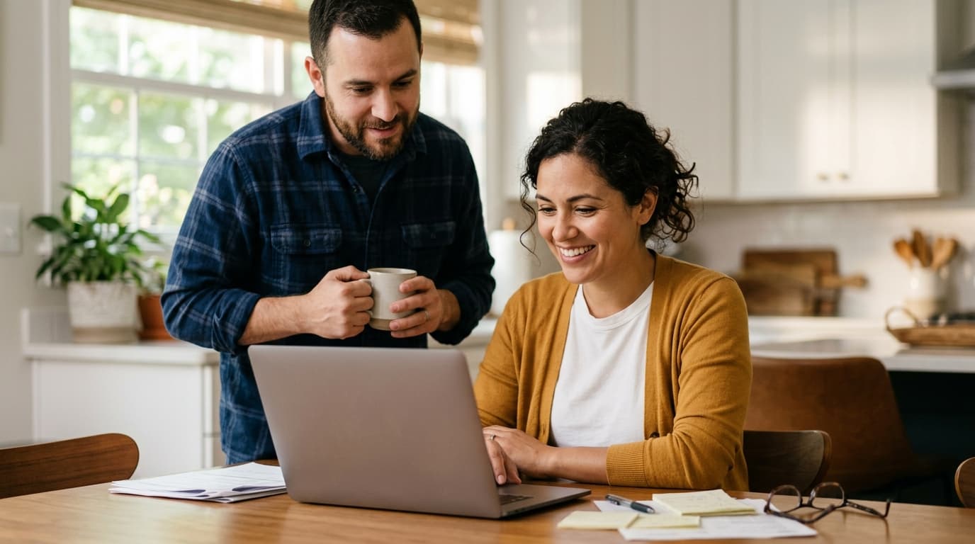 Couple using a laptop together at the kitchen table