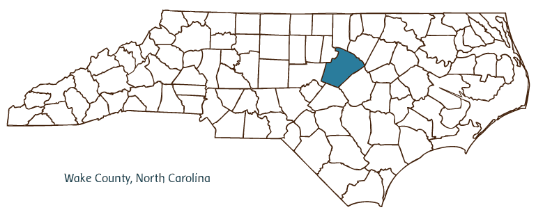 Map of North Carolina highlighting Wake County
