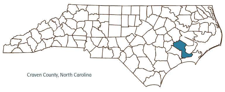 Map of North Carolina highlighting Craven County