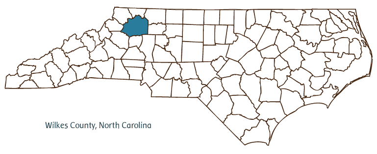 Map of North Carolina highlighting Wilkes County