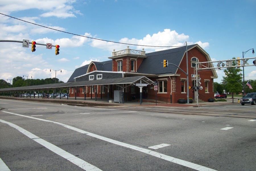 Amtrak station, at Hay Street and Winslow Street in Fayetteville. A former Atlantic Coast Line Railroad station, listed on the National Register of Historic Places. DanTD