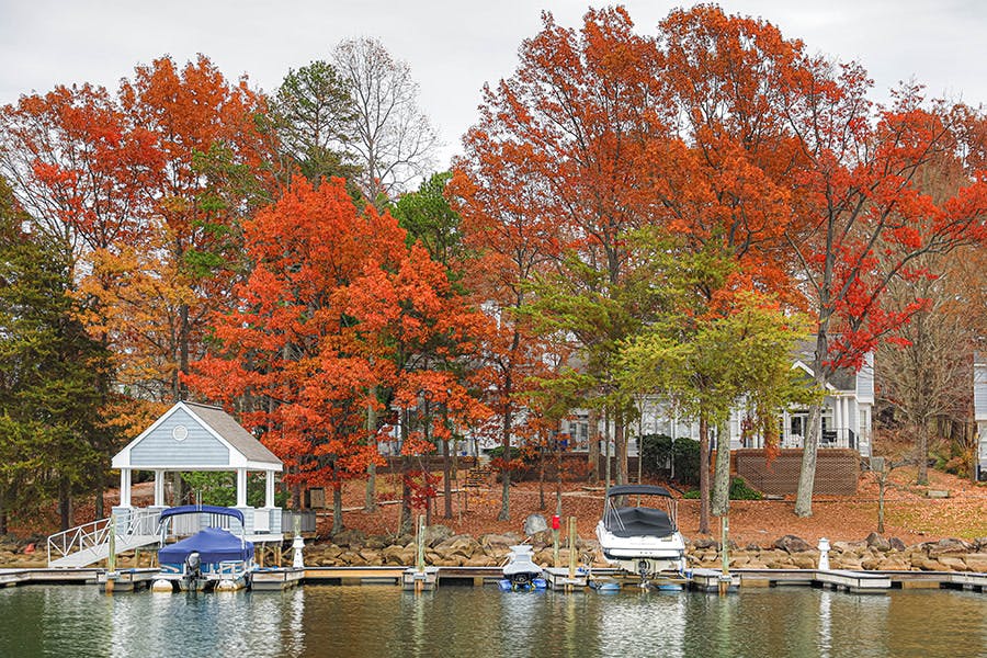 Homes on Lake Norman, North Carolina during peak fall season