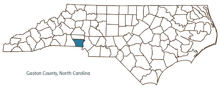 Map of North Carolina highlighting Gaston County