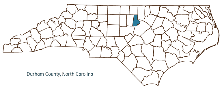 Map of North Carolina highlighting Durham County