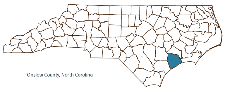 Map of North Carolina highlighting Onslow County