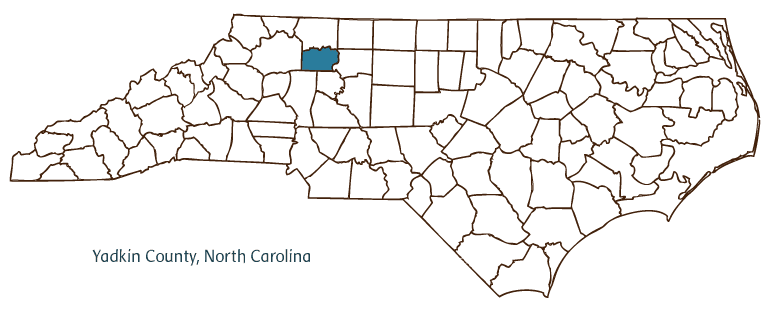 Map of North Carolina highlighting Yadkin County