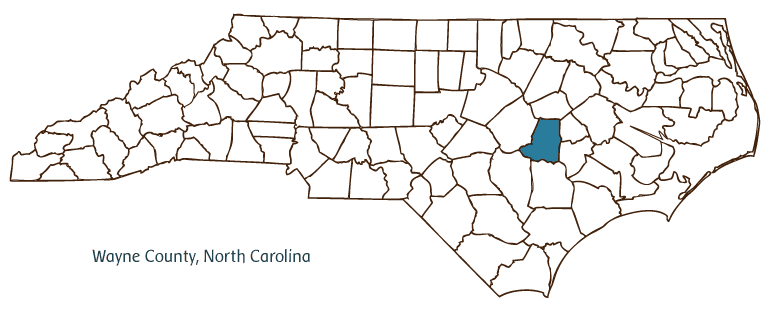 Map of North Carolina highlighting Wayne County
