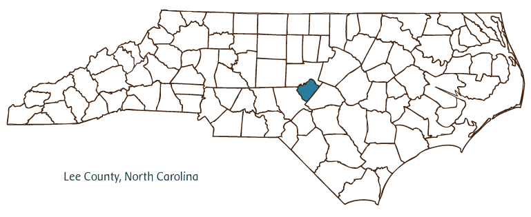 Map of North Carolina highlighting Lee County