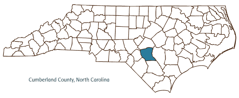 Map of North Carolina highlighting Cumberland County