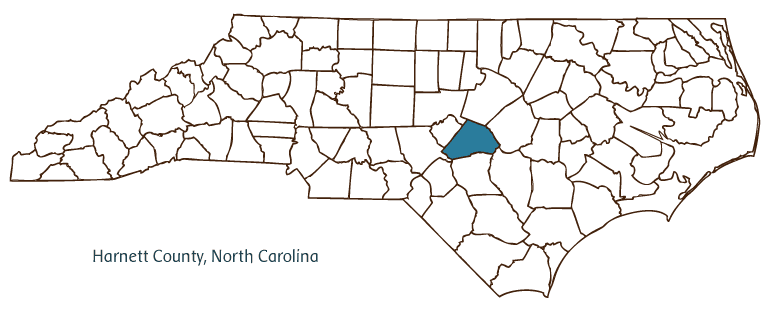 Map of North Carolina highlighting Harnett County