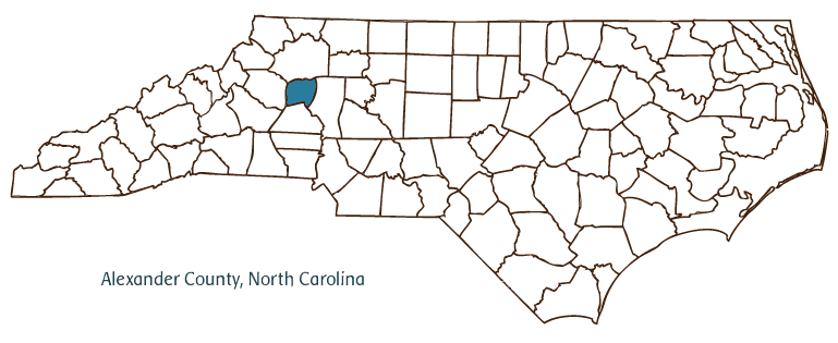 Map of North Carolina highlighting Alexander County