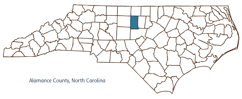 Map of North Carolina highlighting Alamance County