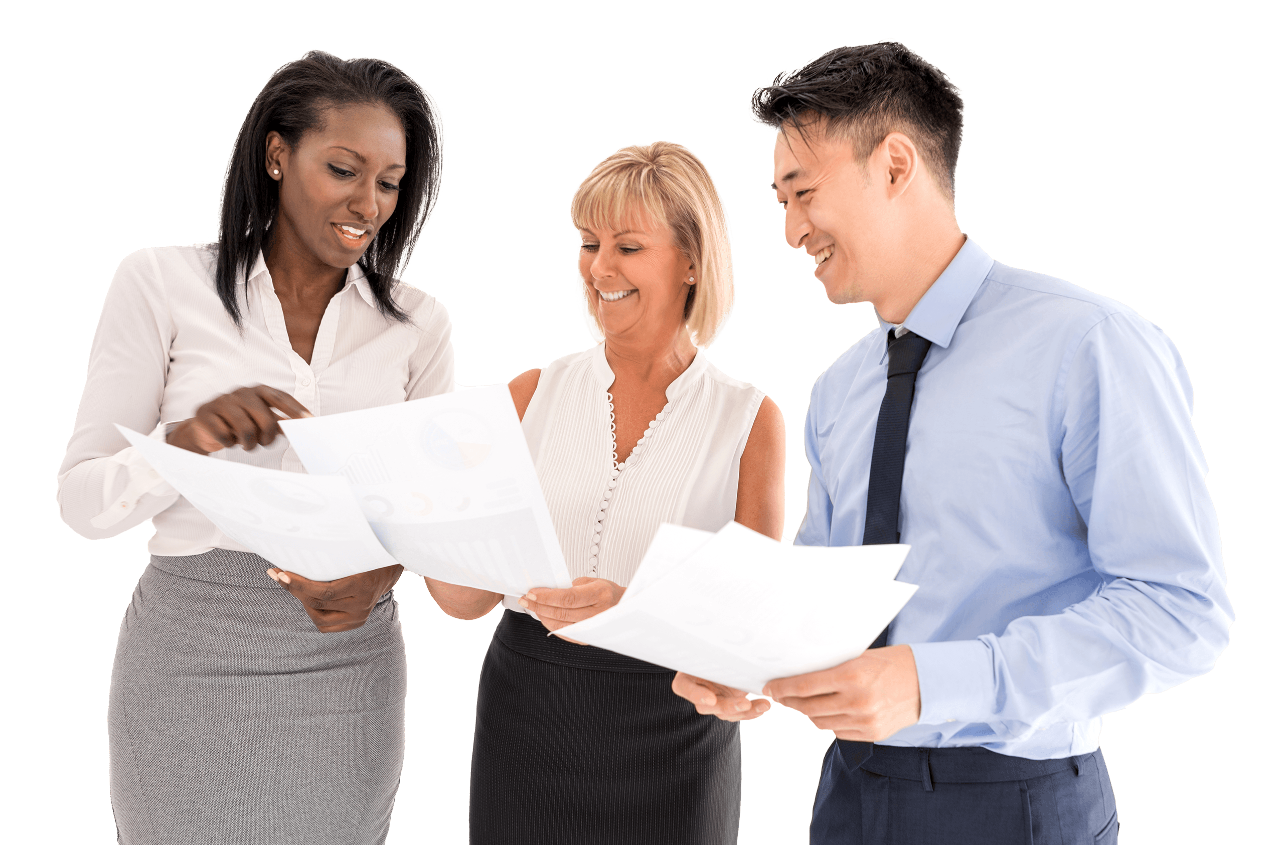 Three professionals standing, smiling, and discussing papers they are holding