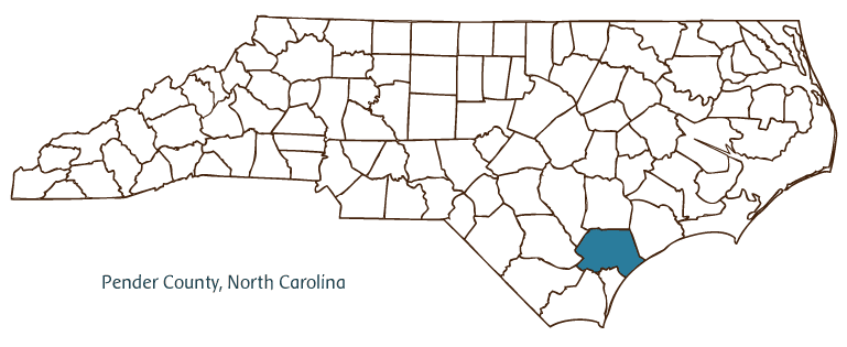 Map of North Carolina highlighting Pender County