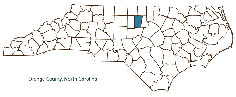 Map of North Carolina highlighting Orange County