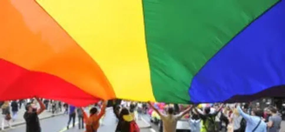 People with a big pride flag in a street
