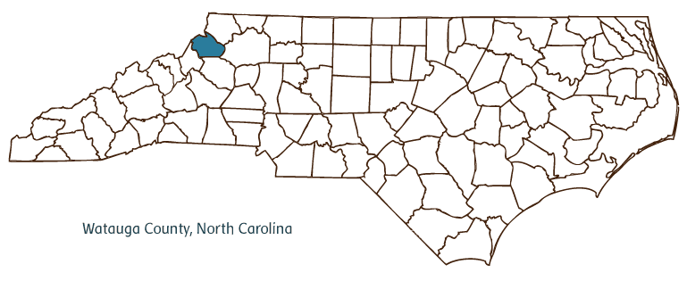 Map of North Carolina highlighting Watauga County