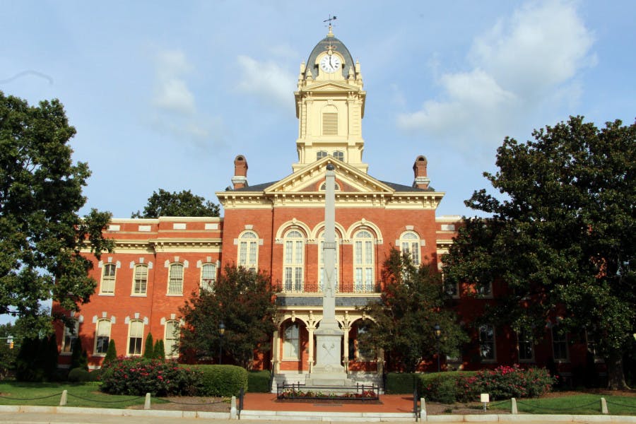 Union County Courthouse and Confederate Monument, located in the Monroe Downtown Historic District. Beckycafferylepage